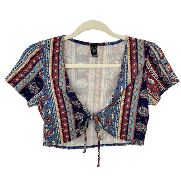 Windsor L Blue Boho Paisley Floral Stripe Tie Up Vneck Short Sleeve Crop Top - Picture 2 of 6